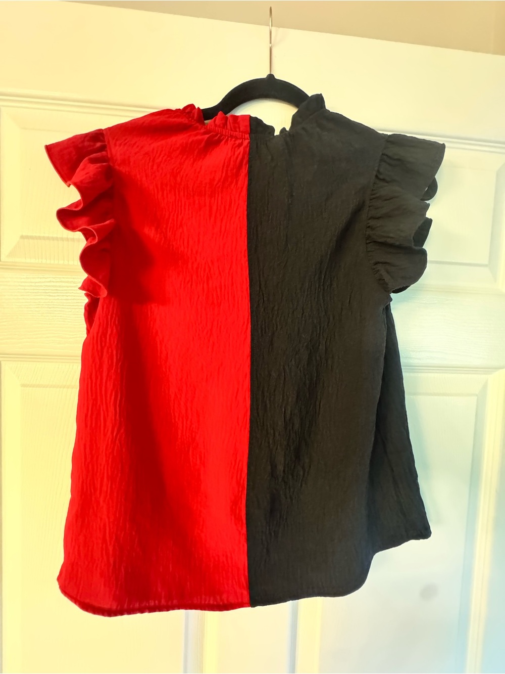Two-Tone Red and Black Ruffle Sleeve Blouse